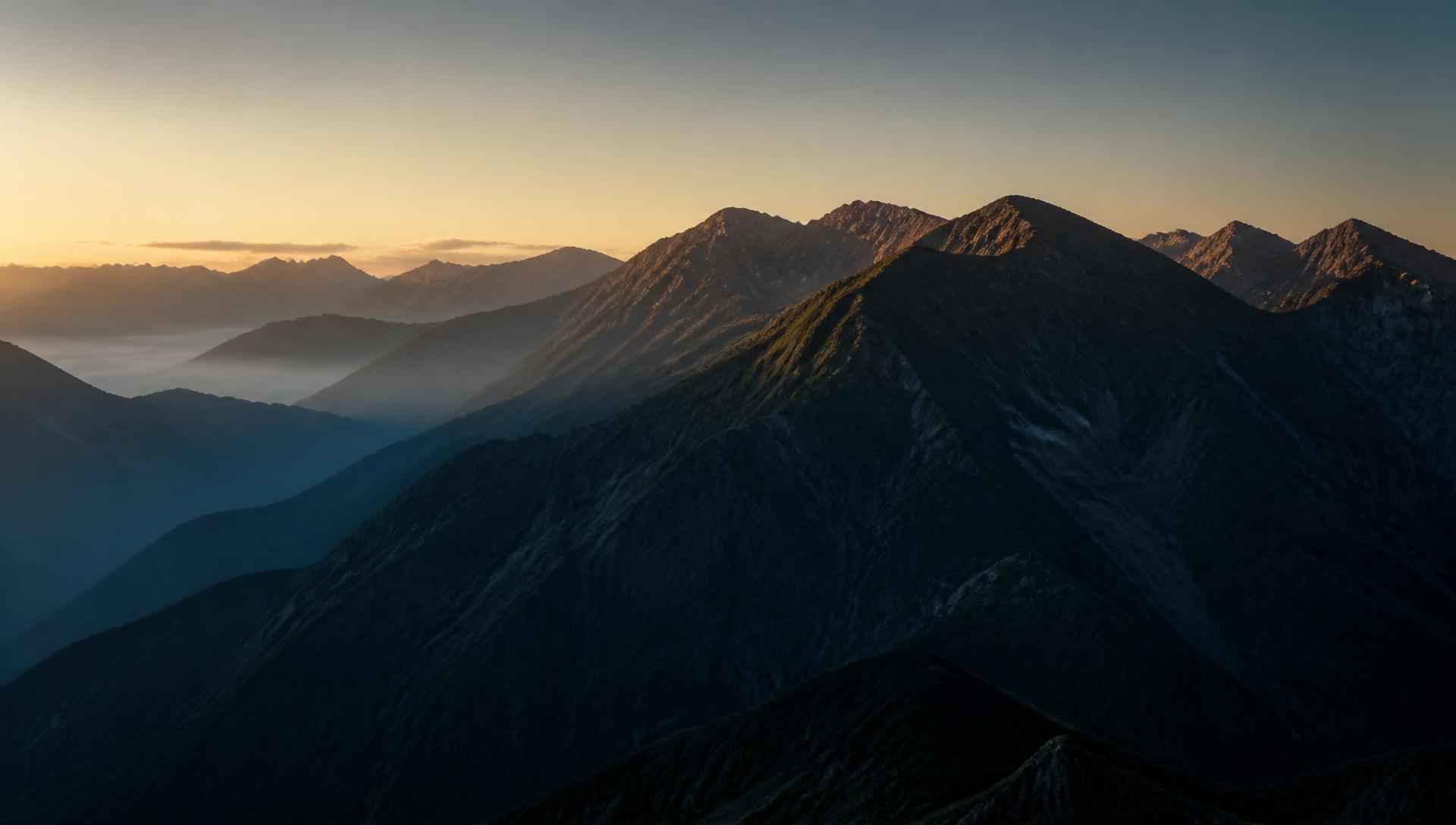 Layered mountain ridges at dawn with mist in the valleys