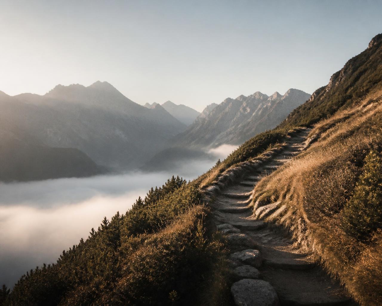 A stone mountain trail climbing above a valley of low cloud in early morning light