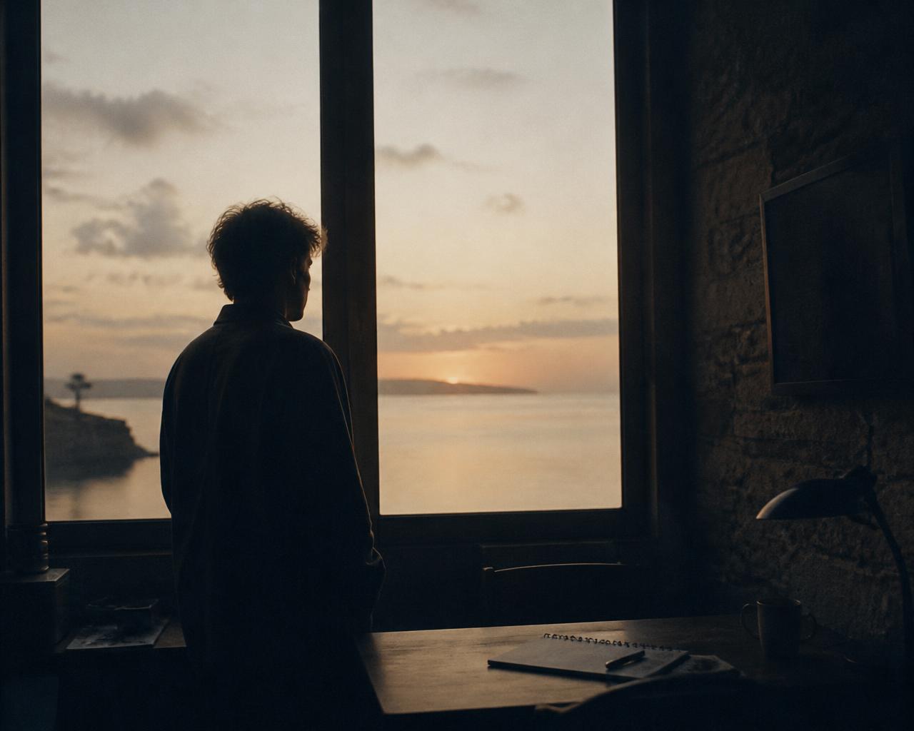 A person standing at a window at dawn, looking out over a calm horizon beside a desk and notebook